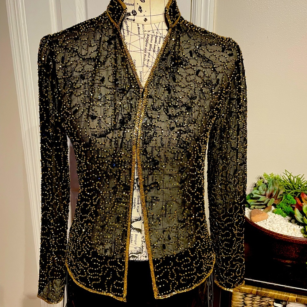 JMD Vintage Embellish Bead Sheer Cardigan Cover top/blouse tunic Formal Evening